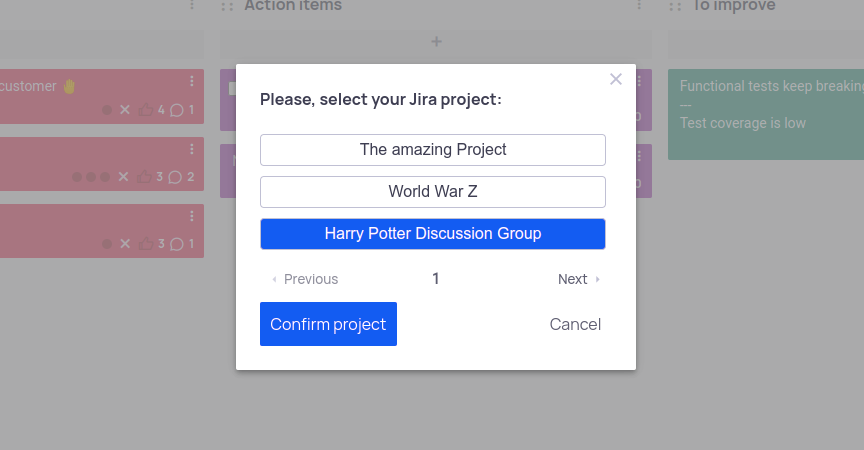 Selection of Jira Project during export on EasyRetro