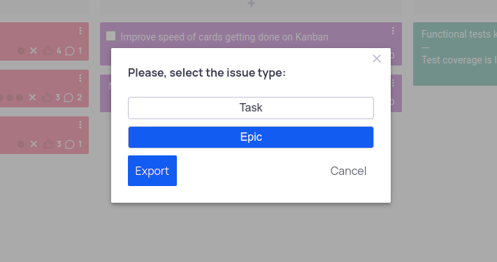 Selection of Jira issue type during export on EasyRetro