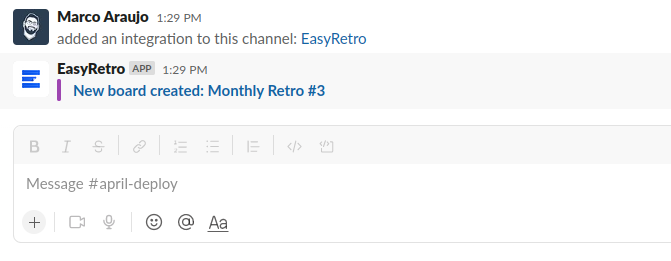 EasyRetro message sent to a Slack channel