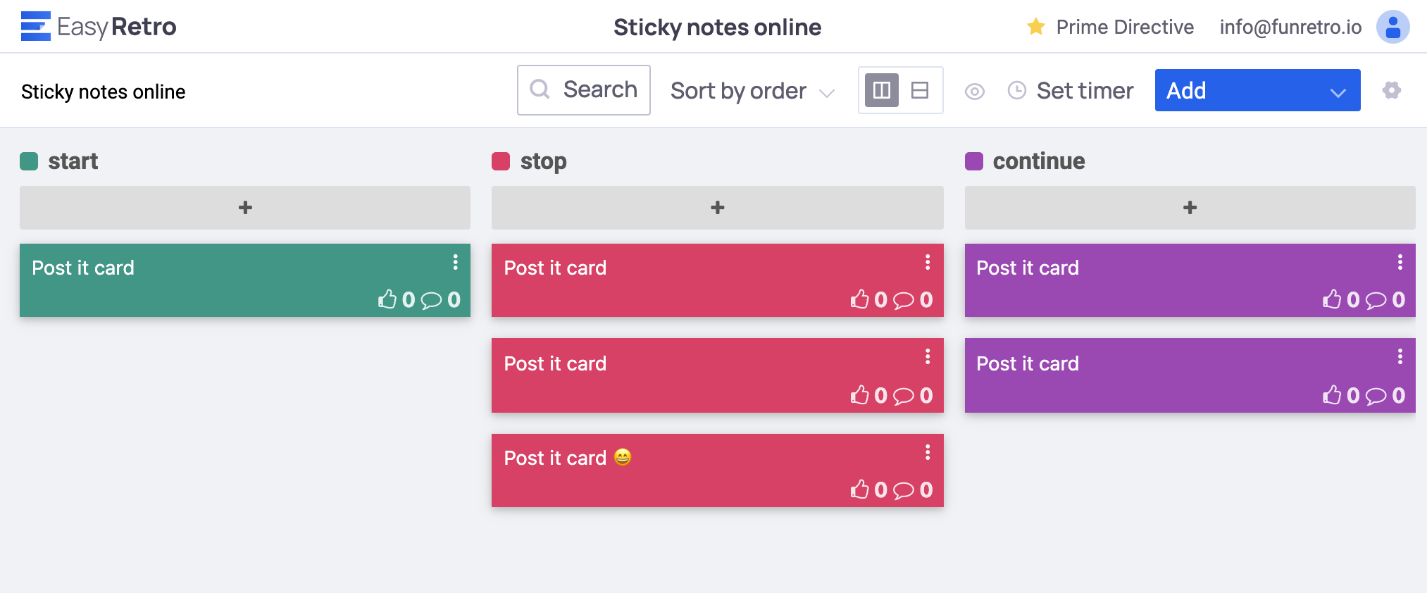 Screenshot of easyretro online sticky notes board