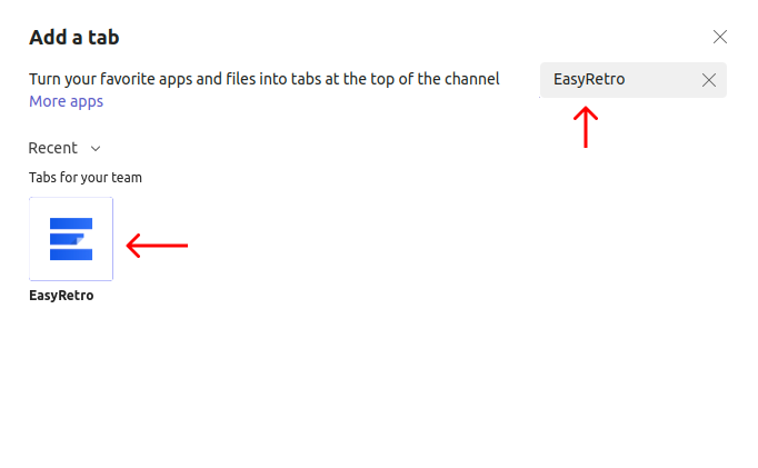 Choosing EasyRetro for new tab on Microsoft Teams