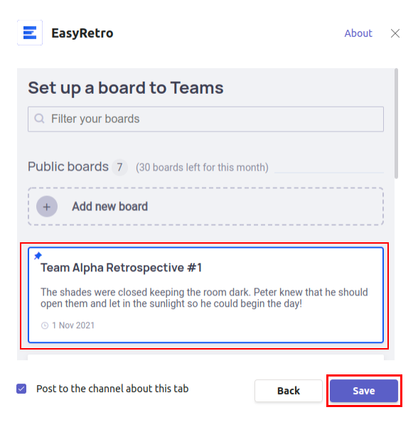 Microsoft Teams tab creating button for EasyRetro board