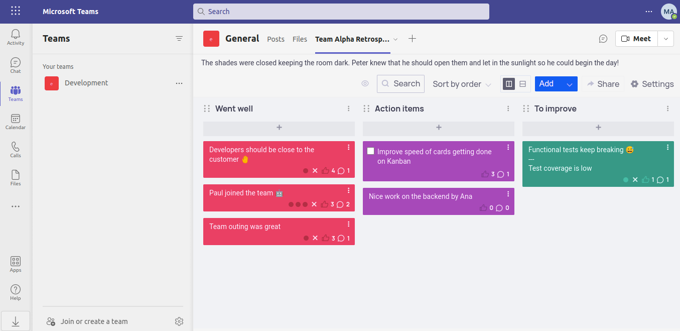 EasyRetro board running on Microsoft Teams