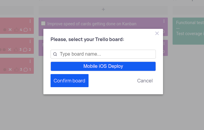 Selection of Trello board during export on EasyRetro