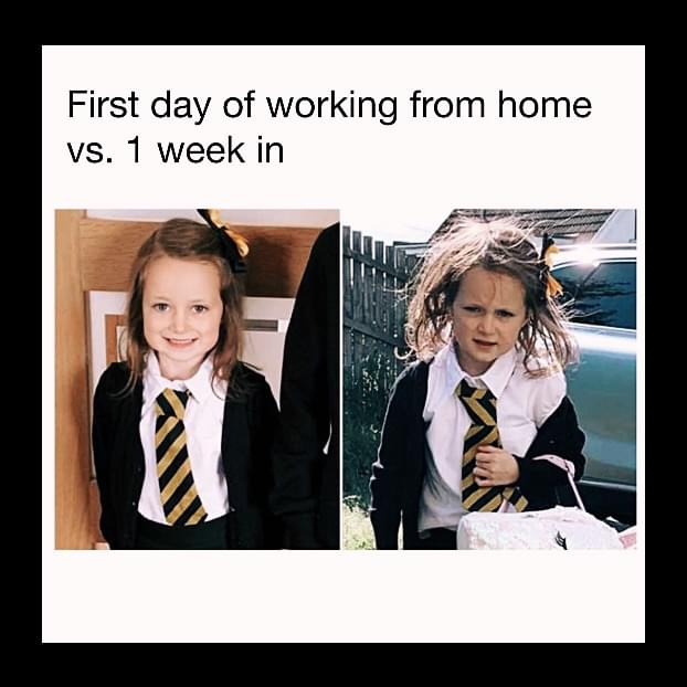 Remote work Memes - Fisrt day of working from home vs. 1 week in