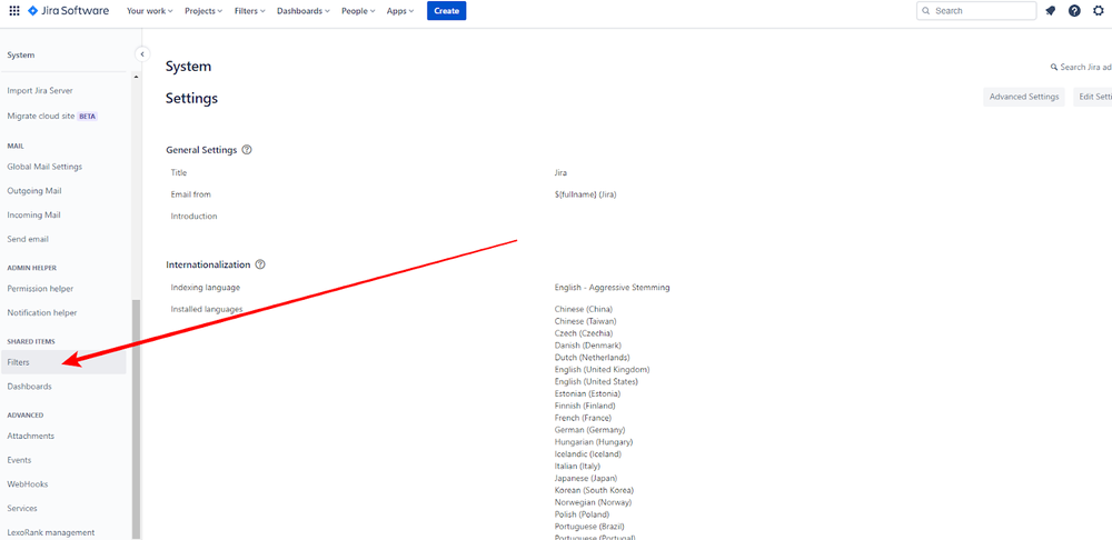 Jira Software screenshot showing where to find the Shared Filters settings