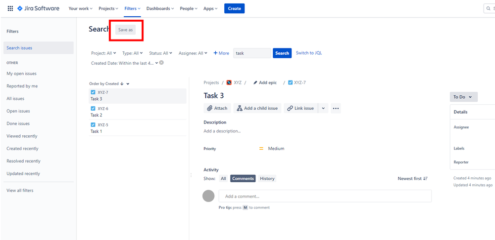Jira Software screenshot showing the save search option