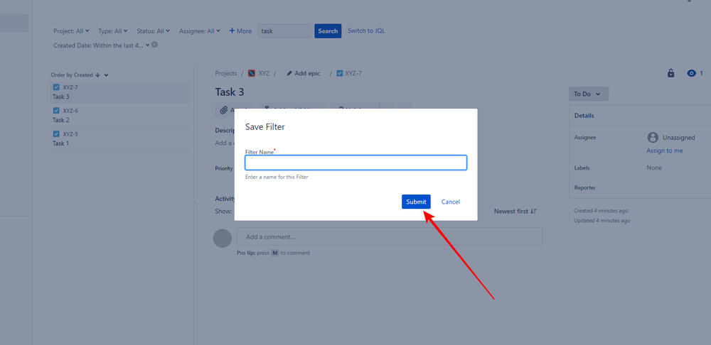 Jira Software screenshot showing how to save a search