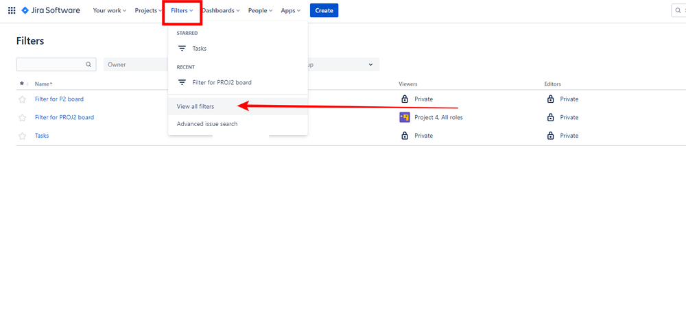 Jira Software screenshot showing the Filters tab and View all filters option
