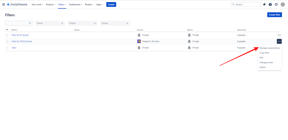 Jira Software screenshot showing where to find the Manage subscriptions button