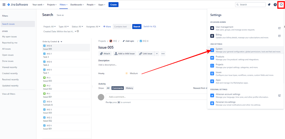 Jira Software screenshot showing where to find the System settings
