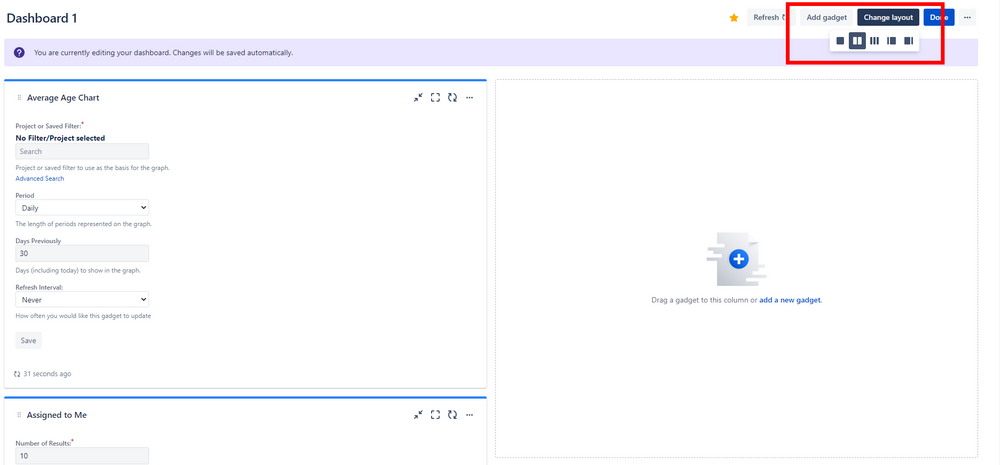 Jira Screenshot showing how to customize dashboard layout and add gadgets