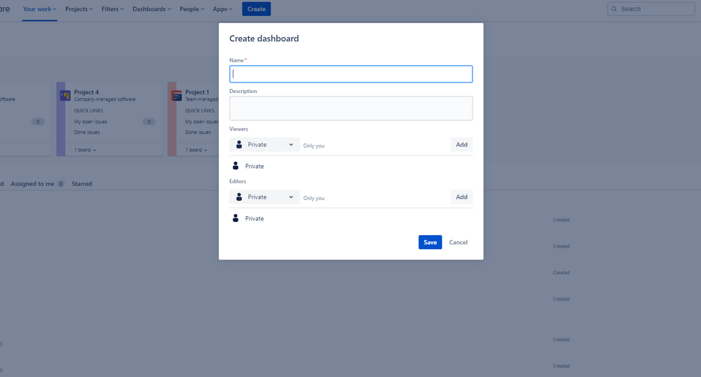 Jira Screenshot showing how to create a dashboard