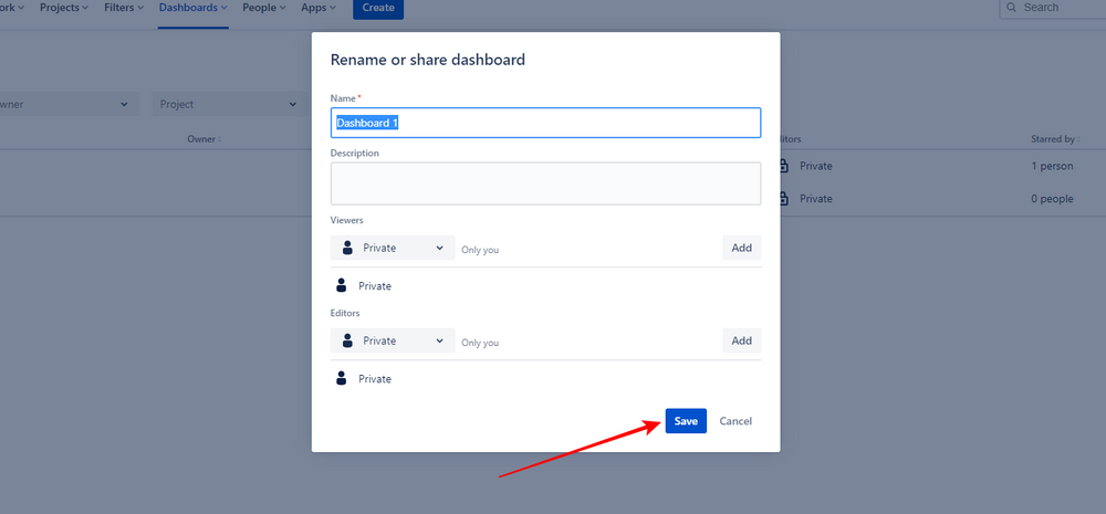 Jira Screenshot showing how to create a dashboard