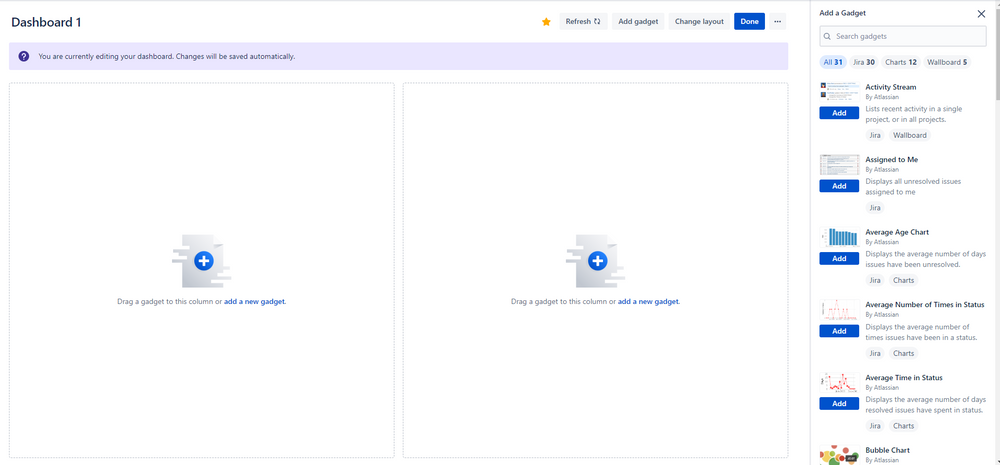 Jira Screenshot showing how to customize dashboard layout and add gadgets