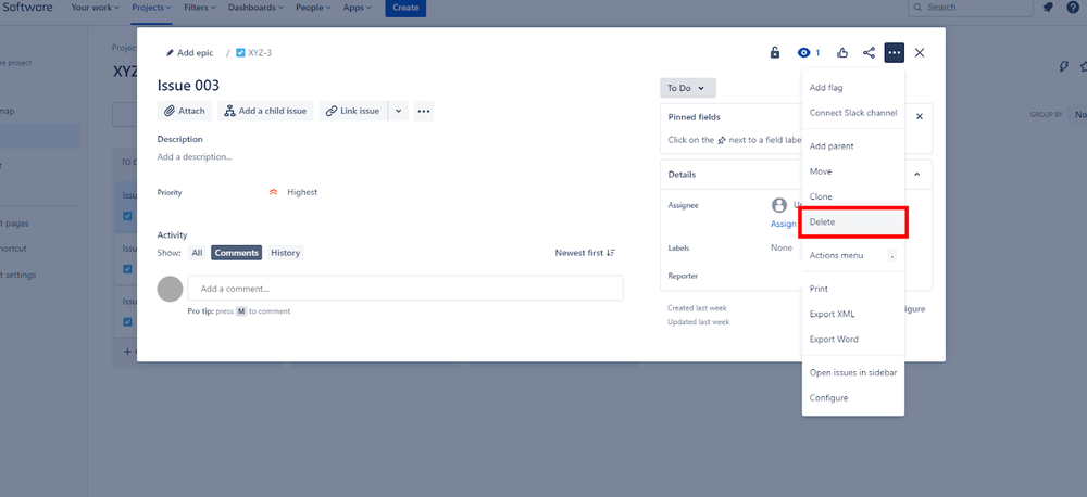 Jira Software screenshot showing the detailed view of an issue