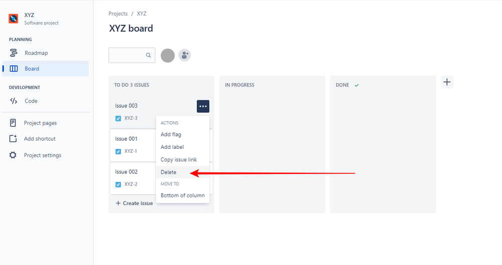 Jira Software screenshot showing where to find the Delete option in the three-dots menu
