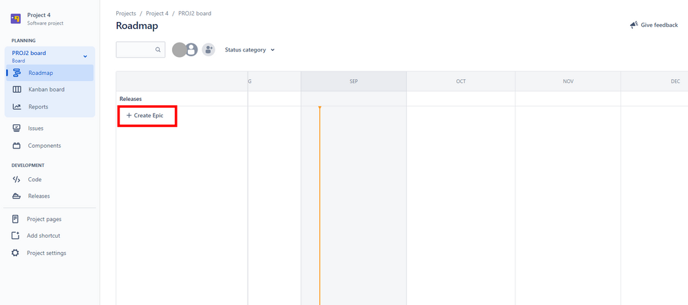 Jira Screenshot showing how to create an epic on roadmap