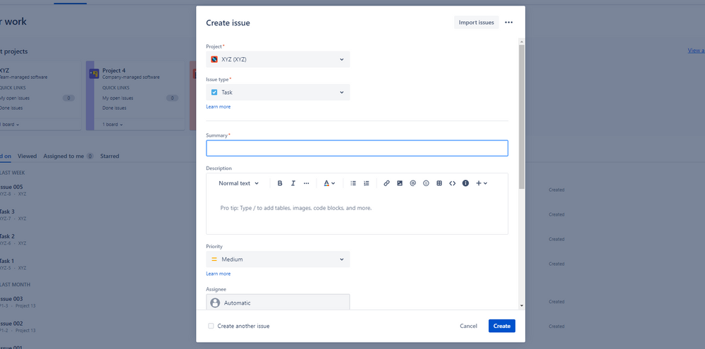 Jira Screenshot showing how to create a new issue