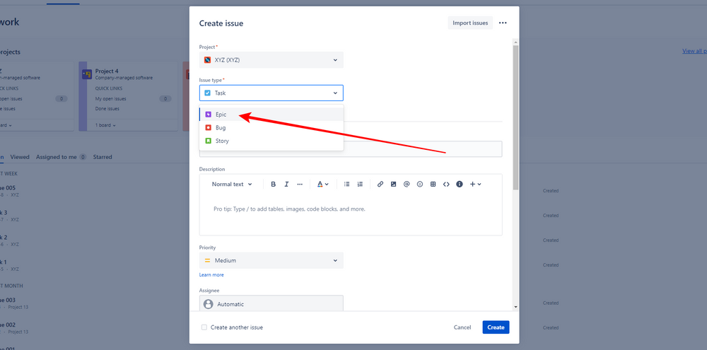 Jira Screenshot showing how to create a new issue