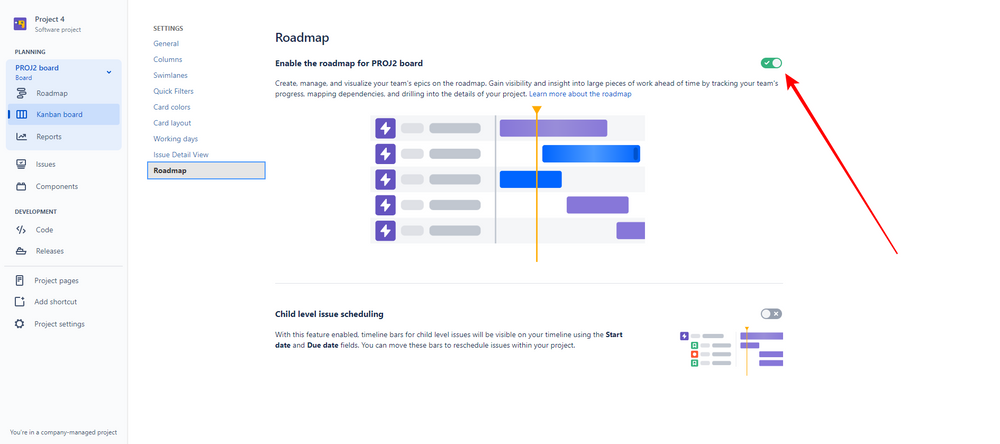 Jira Screenshot showing how to create an epic on roadmap