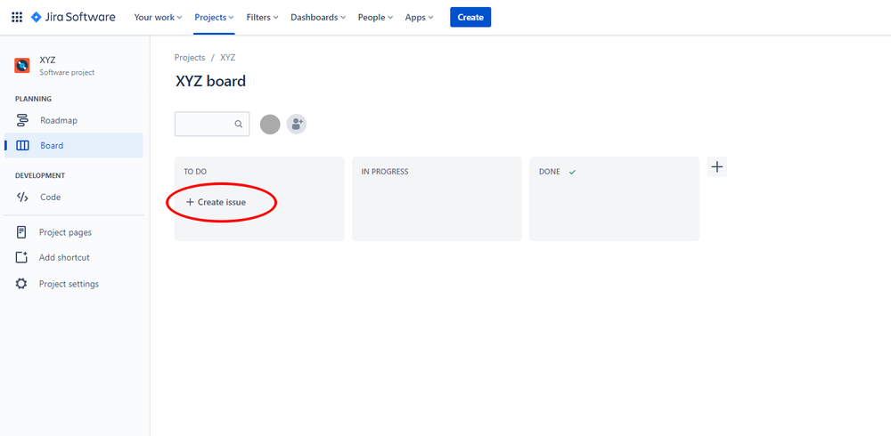 Jira Software screenshot showing the initial Create Issue button on a board.