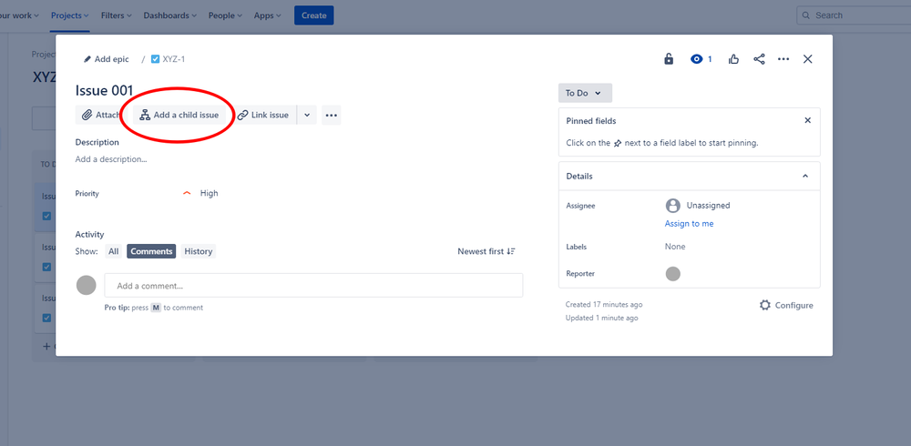 Jira Software screenshot showing the Add a child issue button.