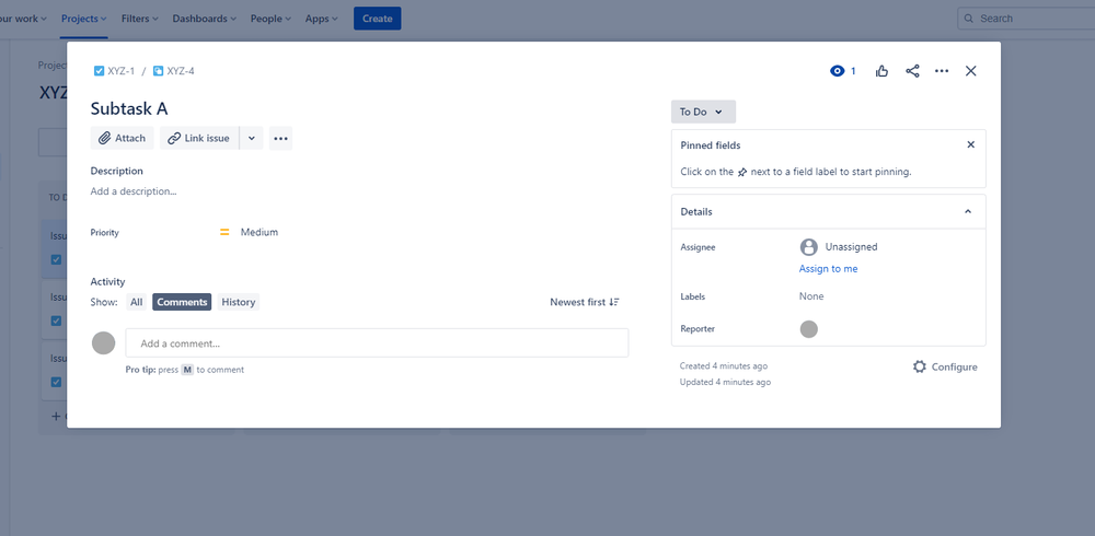 Jira Software screenshot showing the edit subtask modal.