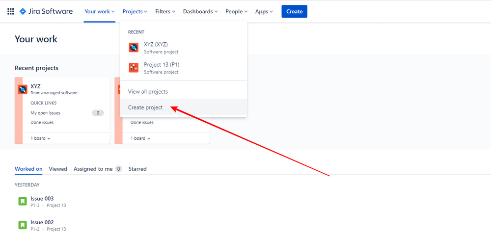 Jira Software screenshot showing the Create Project button