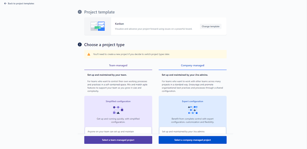 Jira Software screenshot showing how to choose project type