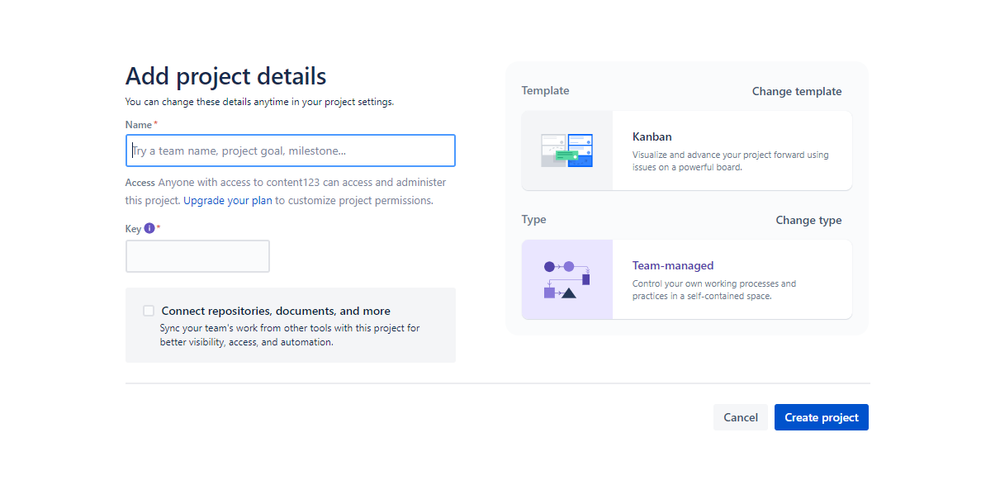 Jira Software screenshot showing how to name the project