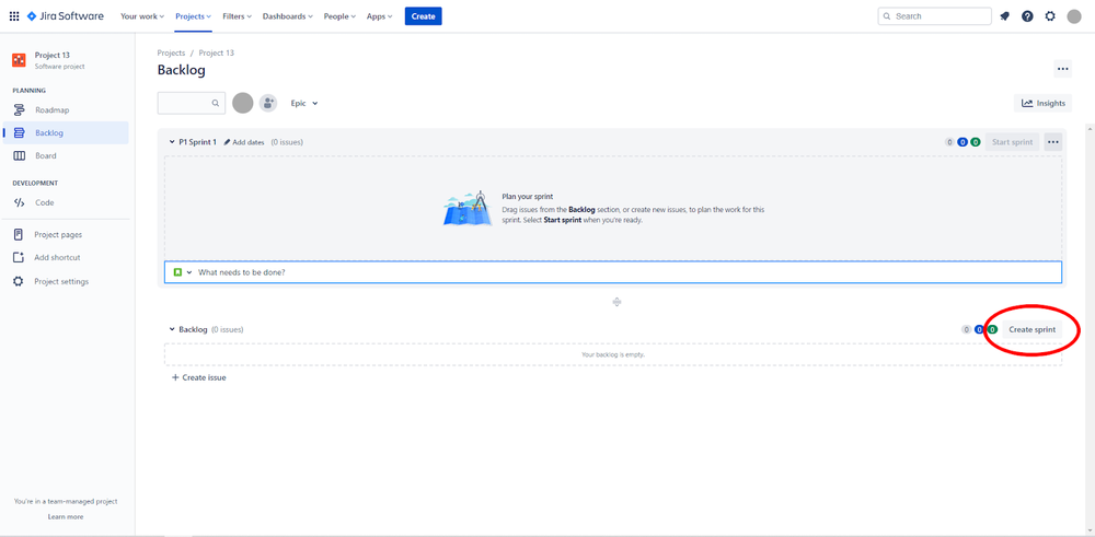 Jira Software screenshot showing the Create Sprint button.