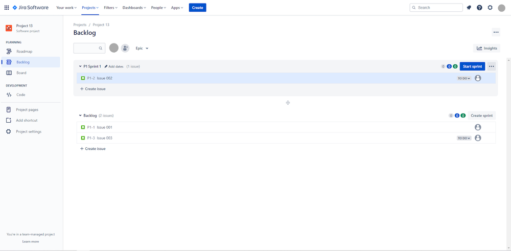 Jira Software screenshot showing sprint with issues.
