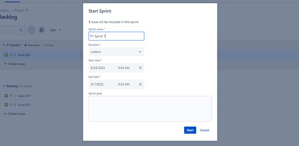 Jira Software screenshot showing how to fill Sprint data.