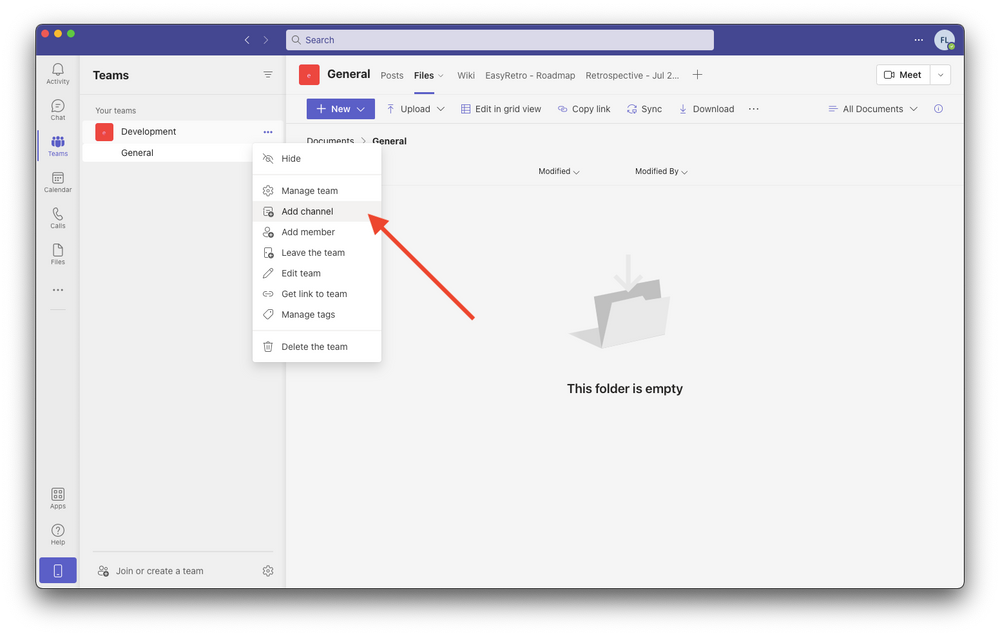 Microsoft Teams screenshot with an red arrow pointing to "Add channel" button