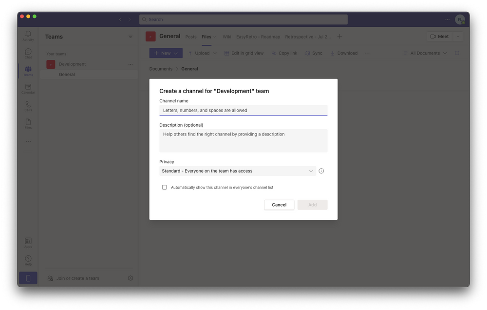 Microsoft Teams screenshot with a modal