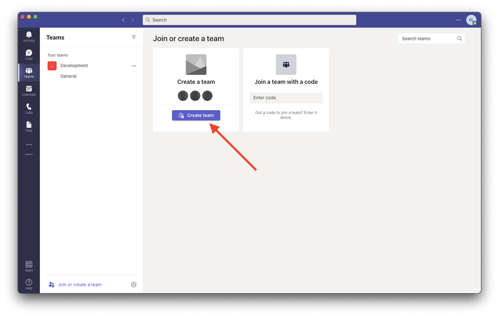 Microsoft Teams screenshot with an red arrow pointing to "Create a team" button