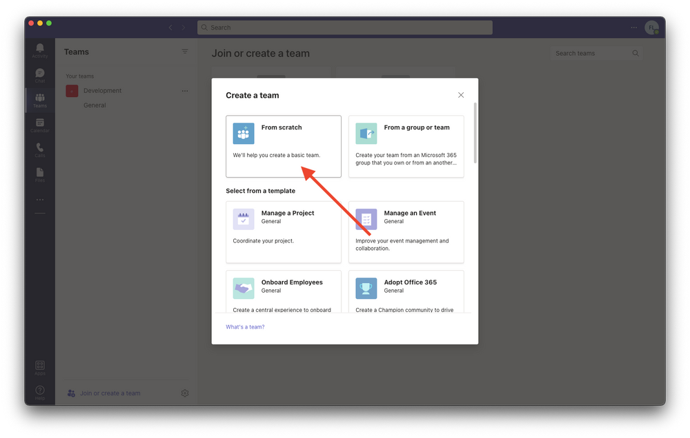 Microsoft Teams screenshot with an red arrow pointing to "From scratch" button