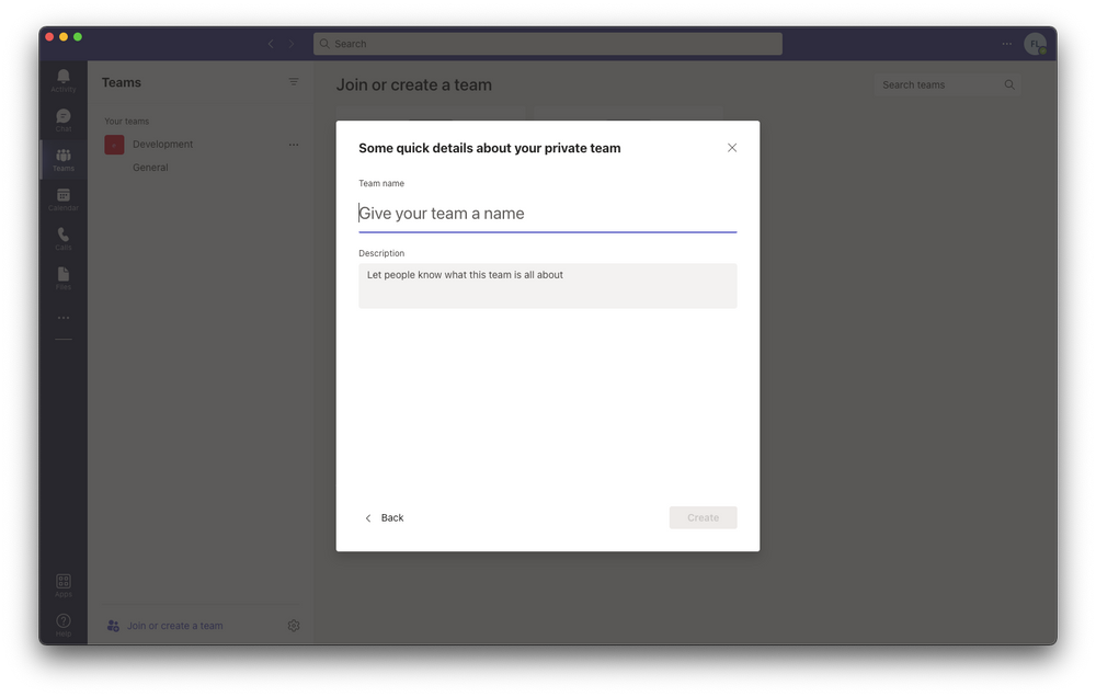 Microsoft Teams screenshot with a modal