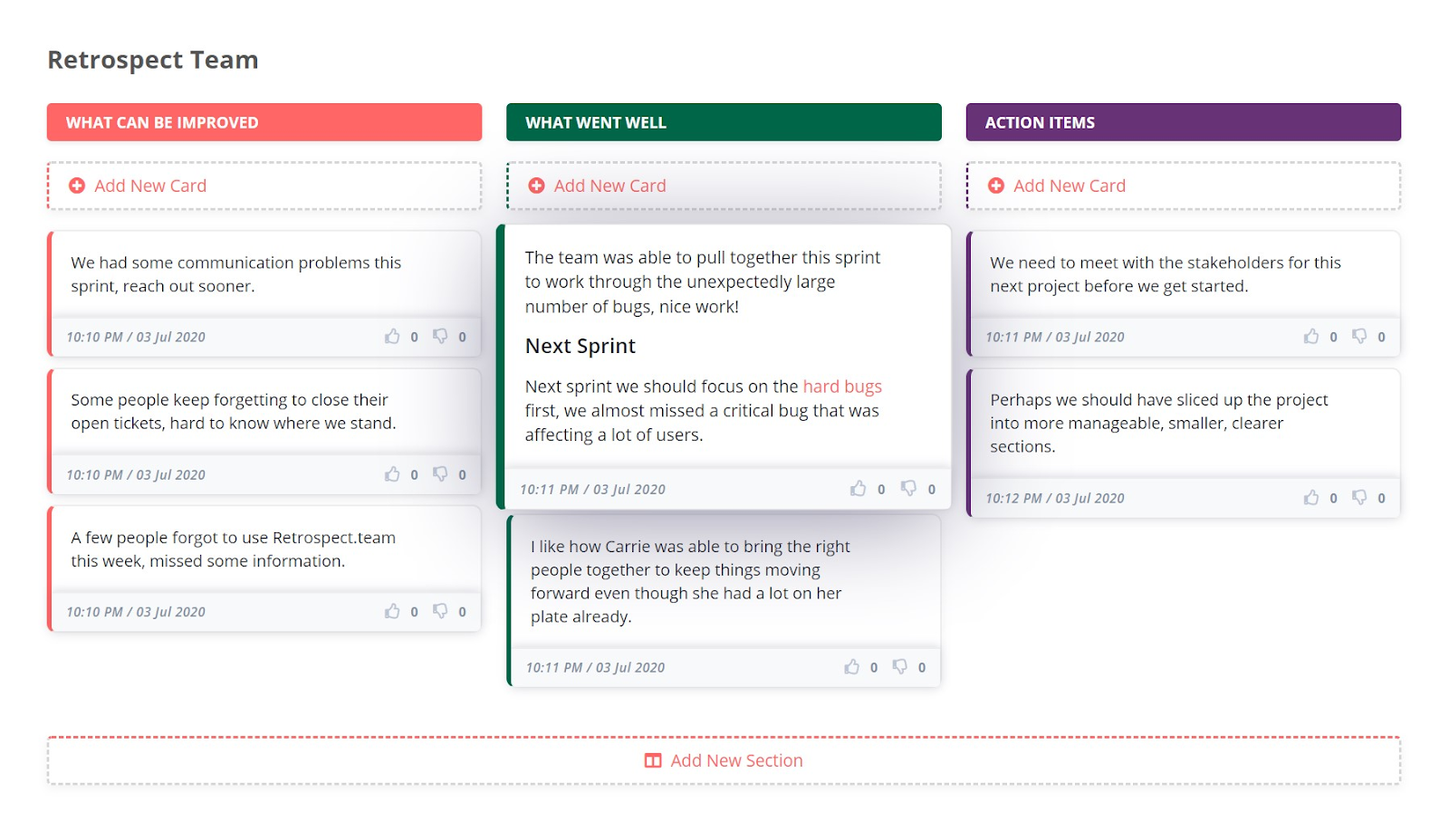 Retrospect.team board example